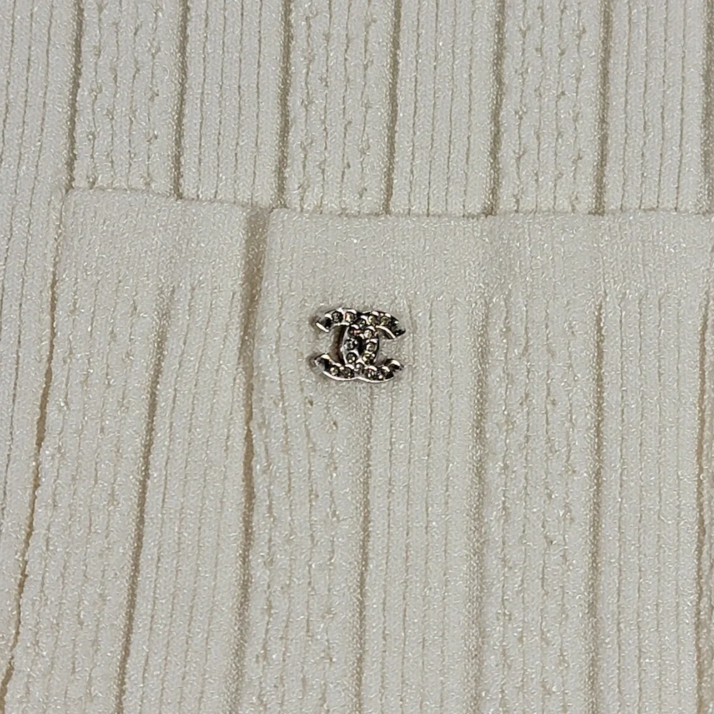 Vintage Chanel Ribbed Cardigan 06P Lagerfeld CC Logo Ivory Silk Trim Women XS 42